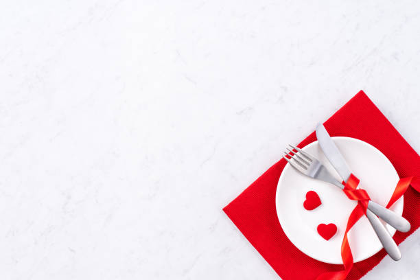 istock Valentine's Day meal design concept - Romantic plate dish set isolated on marble white background. 1202862521