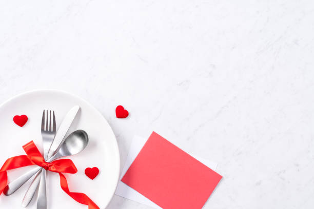 istock Valentine's Day meal design concept - Romantic plate dish set isolated on marble white background. 1202862546