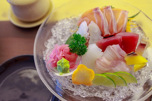 Sashimi plate by Japanese professional Sushi chef making