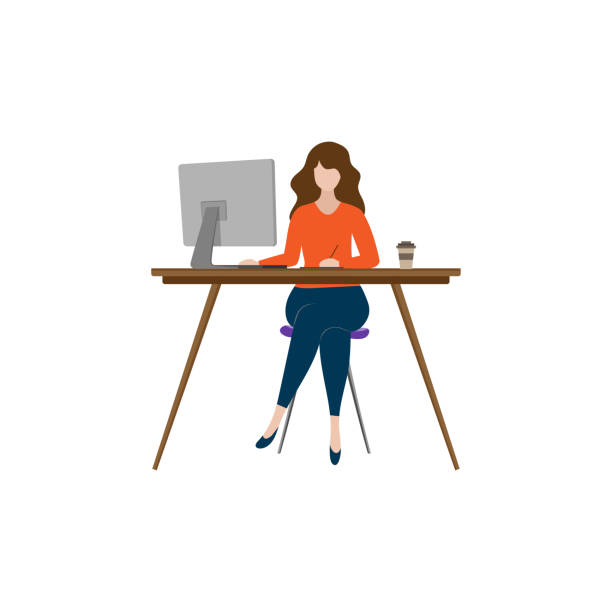 illustration of freelance working at home with vector design computers illustration of a woman working at home as a freelance in front of a monitor working concept remote vector design woman laptop stock illustrations