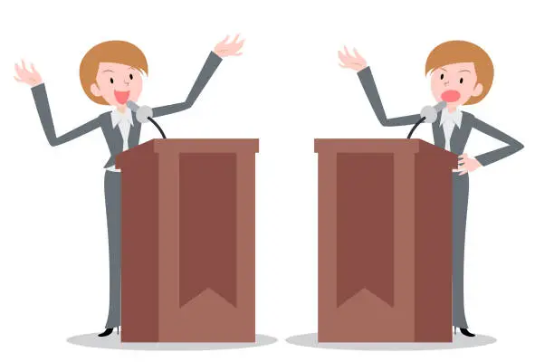 Vector illustration of Woman standing on podium and giving a speech