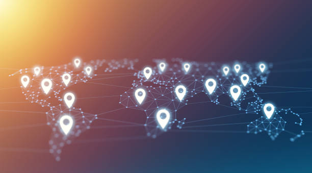 istock Location Pin Nevigation Icons on World Map Polygon Graphic Background with Connected Lines 1202864732