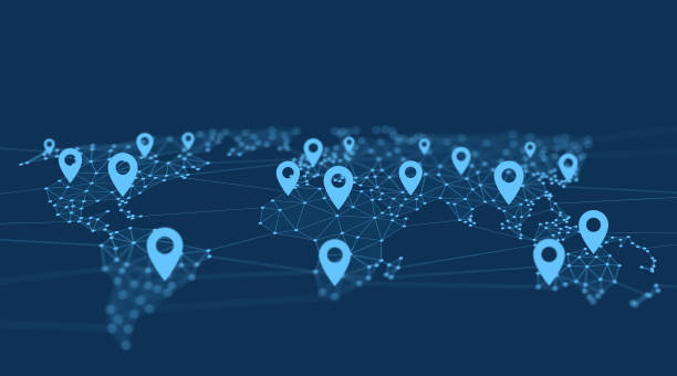 istock Location Pin Nevigation Icons on World Map Polygon Graphic Background with Connected Lines 1202864733