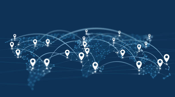 iconos de nevigation del pin de ubicación en el fondo gráfico del polígono del mapa mundial con líneas conectadas - comunicación global ilustraciones fotografías e imágenes de stock