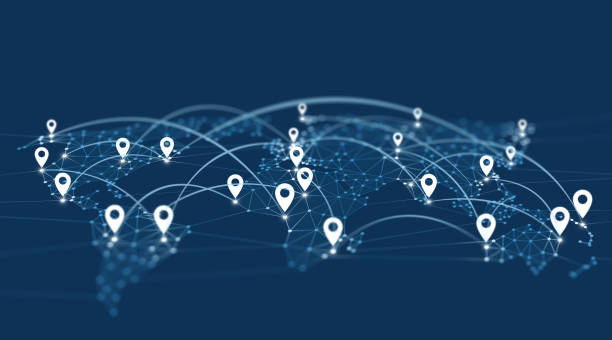 Location Pin Nevigation Icons on World Map Polygon Graphic Background with Connected Lines