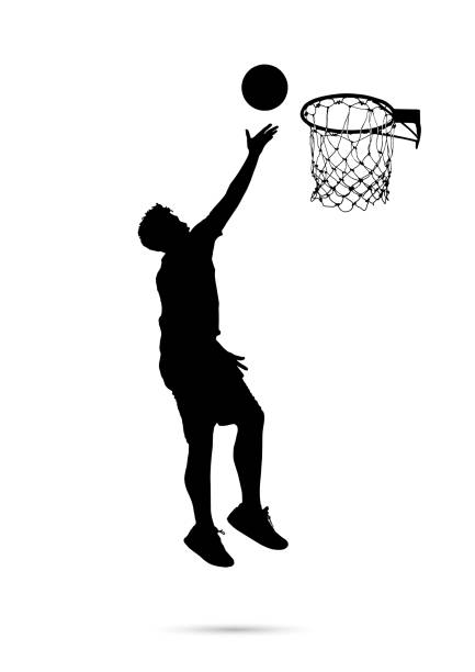 istock Silhouette of man jumping dunking basketball to basket vector illustration 1202864901