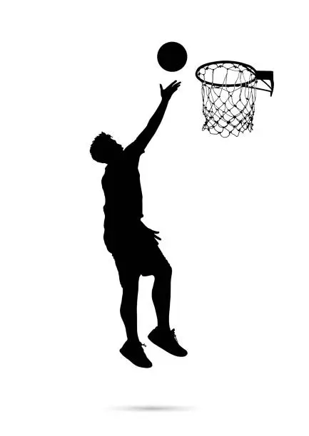 Vector illustration of Silhouette of man jumping dunking basketball to basket vector illustration