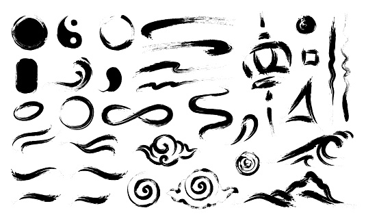 Chinese brush elements set. Dry paint line art and symbol. Cloud and water wave.