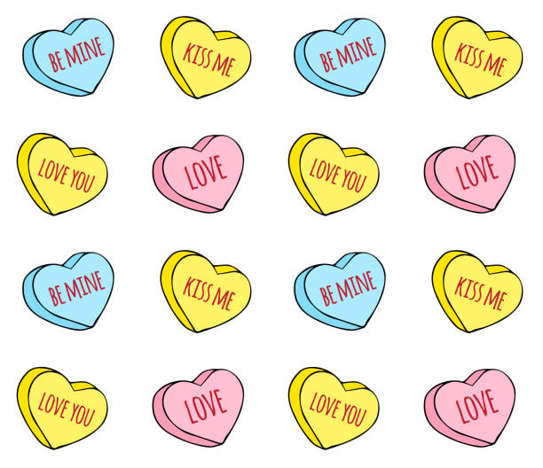вектор бесшовный узор ручной рисовать эскиз валентина конфеты сердца с любовью текст - candy heart stock illustrations