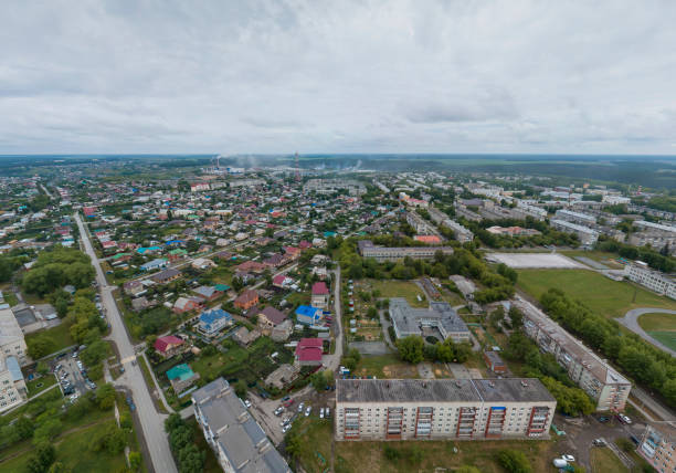 istock Sukhoy Log city. Aerial, summer, cloudy day 1202867207