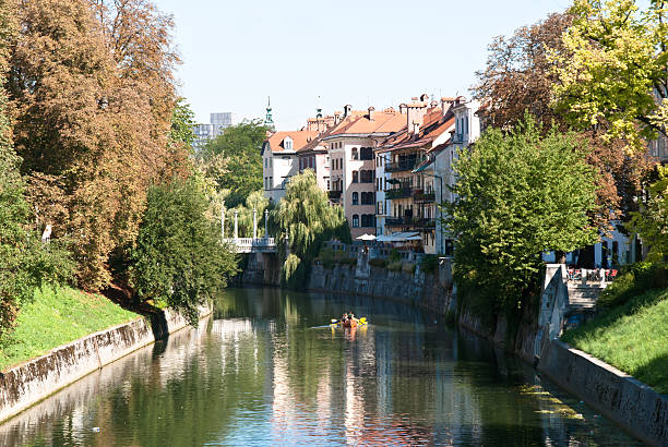 Ljubljanica River in Ljubljana. stock photo