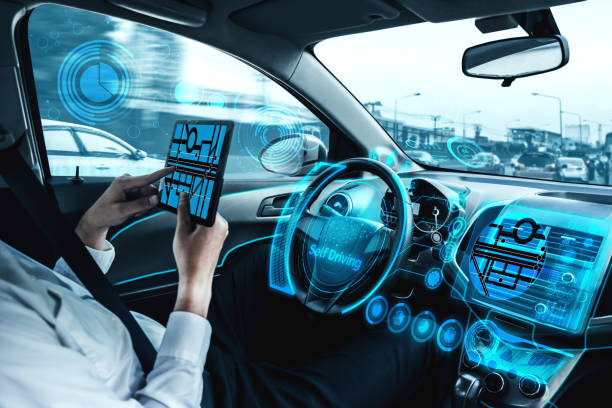 istock Self-drive autonomous car with man at driver seat. 1202869260