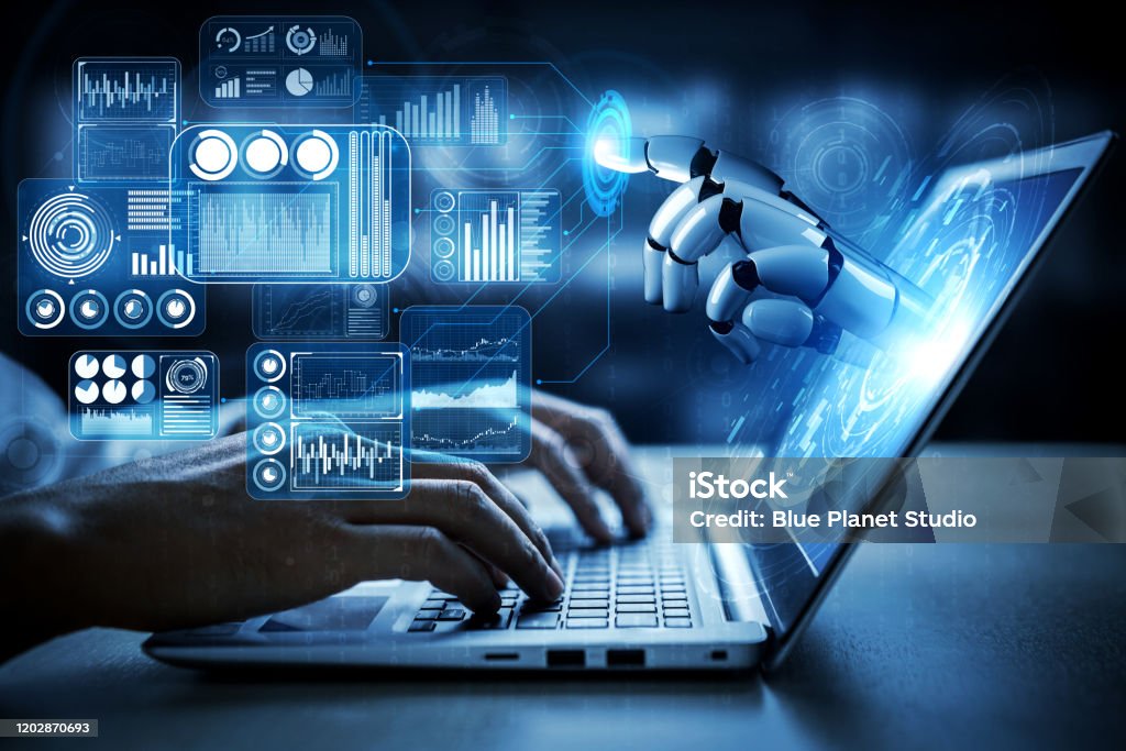 Future artificial intelligence robot and cyborg. Artificial intelligence AI research of robot and cyborg development for future of people living. Digital data mining and machine learning technology design for computer brain communication. Artificial Intelligence Stock Photo