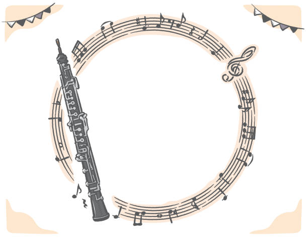 ilustraciones, imágenes clip art, dibujos animados e iconos de stock de marco con notas musicales oboe y abstractas. - oboe