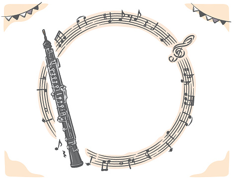 Frame with oboe and abstract music notes. Vector illustration.