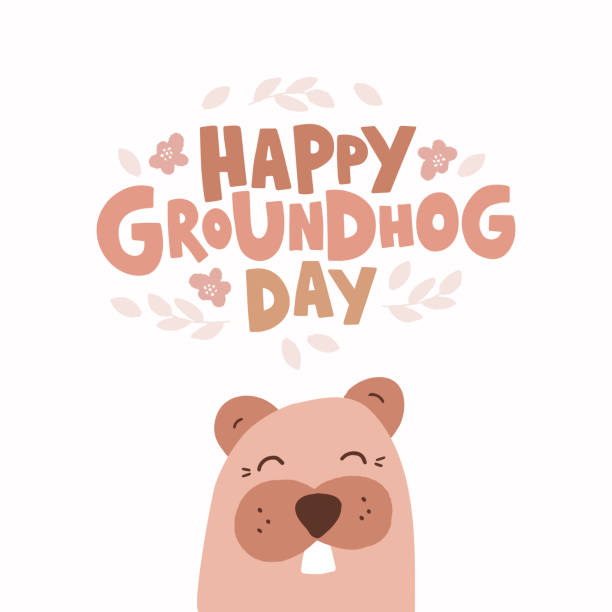 ręcznie rysowany tekst uroczystości happy groundhog day. - groundhog day stock illustrations