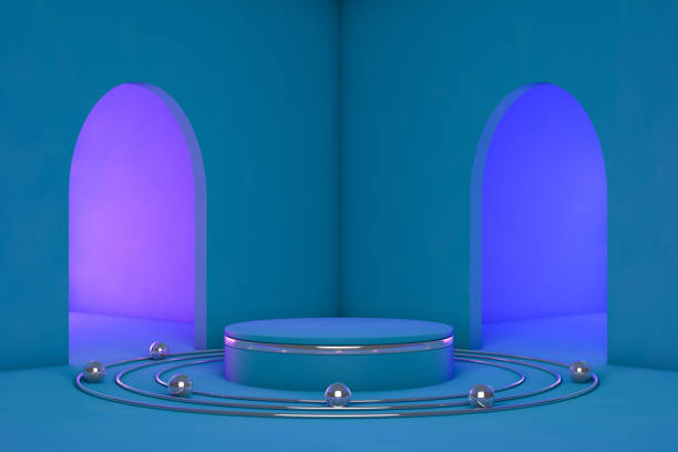 istock 3D Product Stand, Pedestal, Blue Background, Neon Lights 1202880369