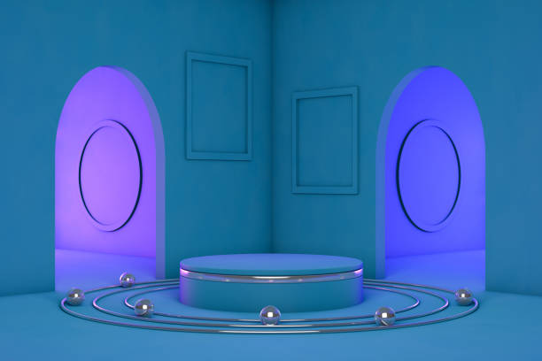 istock 3D Product Stand, Pedestal, Blue Background, Neon Lights 1202880416