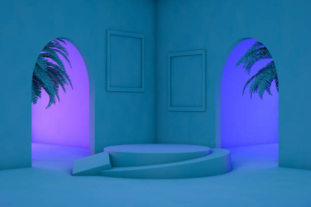 istock 3D Product Stand, Pedestal, Blue Background, Neon Lights 1202880572
