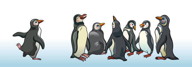 Group of magellanic penguins. The flock of funny chatting penguins on a white background. Group of Magellanic penguins. Cartoon vector animal illustration. magellanic penguin stock illustrations