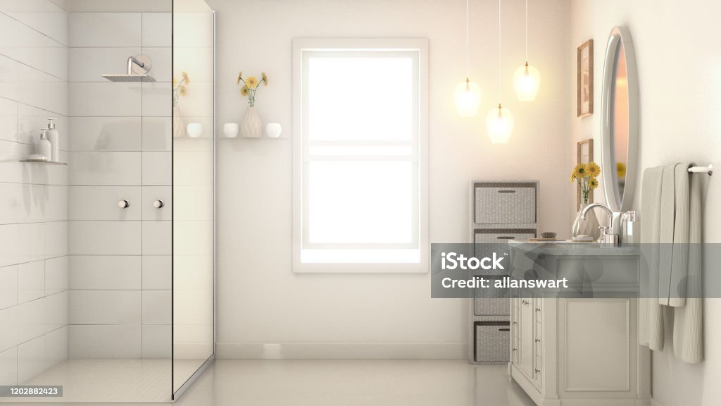 Modern Pale Cream Bathroom Interior An interior of a modern bathroom with pale cream walls a shower vanity and mirror and backlit window lit by morning sun  - 3D render Bathroom Stock Photo