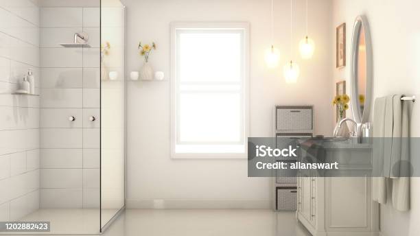 Modern Pale Cream Bathroom Interior Stock Photo - Download Image Now - Bathroom, Small, Window