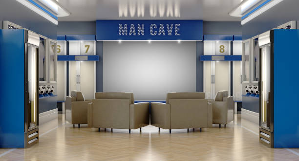 Soccer Man Cave Interior A well lit interior of a soccer themed man cave with sports memorabilia, lockers and large television screen surrounded by sofas - 3D render locker room stock pictures, royalty-free photos & images