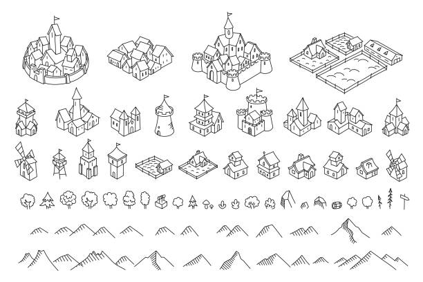 illustrazioni stock, clip art, cartoni animati e icone di tendenza di kit mappa città medioevo. edifici impostati. schizzo fantasy medievale. montagne e alberi. selezione per gioco da tavolo. linea nera vettoriale disegnata a mano. - middle ages