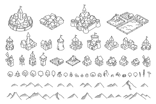 Middle Ages city map kit. Buildings set. Medieval fantasy sketch. Mountains and trees. Selection for board game. Hand drawn vector black line outline.