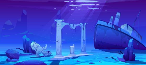 Wreck ship, sunken steamboat on ocean sandy bottom Wreck ship, sunken steamboat vessel with pipes on ocean sandy bottom near ancient old architecture columns and broken female statue, underwater world, pc game background. Cartoon vector illustration horror world stock illustrations