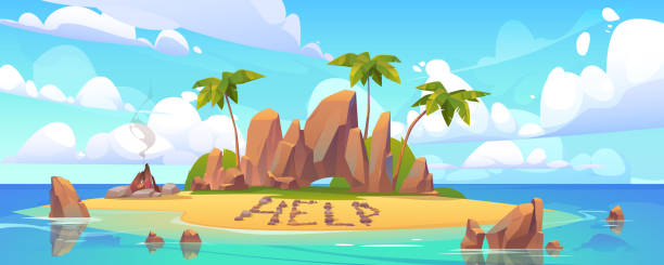 Lost island in ocean with alone castaway person Lost island in ocean with alone castaway person asking for help. Vector cartoon sea landscape witn tropical island with palms, rocks and sand beach with bonfire. castaway stock illustrations