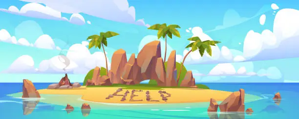 Vector illustration of Lost island in ocean with alone castaway person