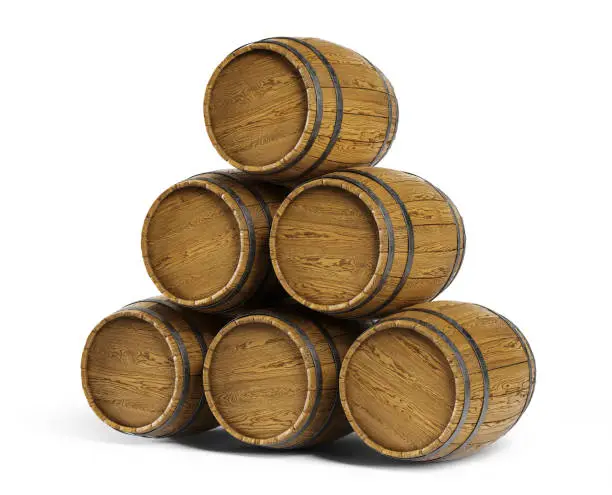 Wooden barrels stacked on a white background. Clipping path included, 3d illustration