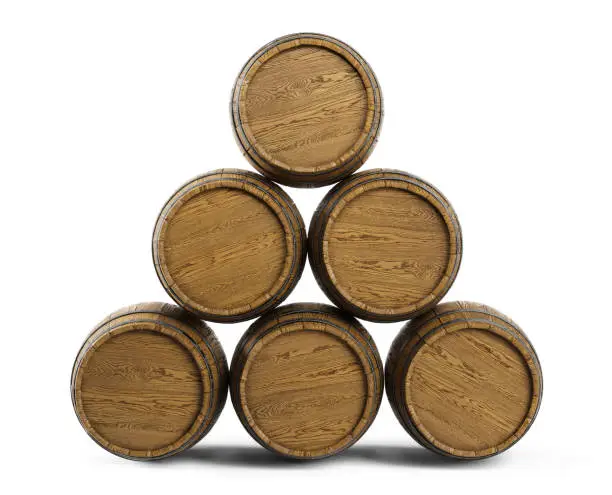 Wooden barrels stacked on a white background. Clipping path included, 3d illustration