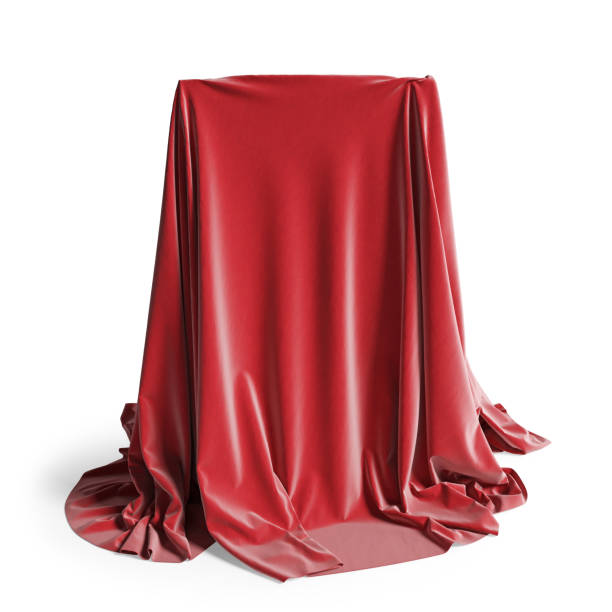 pódio vazio coberto com pano de seda vermelho. isolado em um fundo branco com caminho de recorte. - red veil - fotografias e filmes do acervo