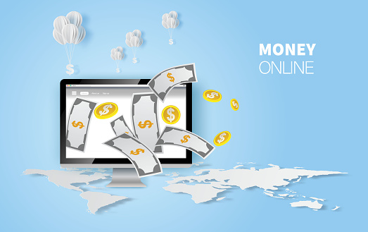 Earn Computer money online modern. vector illustration for web banners.Web sites and landing pages and social media. Graphic Element technology payment business concept.Marketing E-commerce finance.