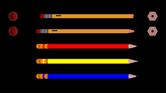 End views and side views of a standard #2 yellow pencil, sharpened and unsharpened with an eraser and 3 primary colored pencils with brass ferrells and color indicator rings on the ferrells  Created in layers for easy color change and modification.