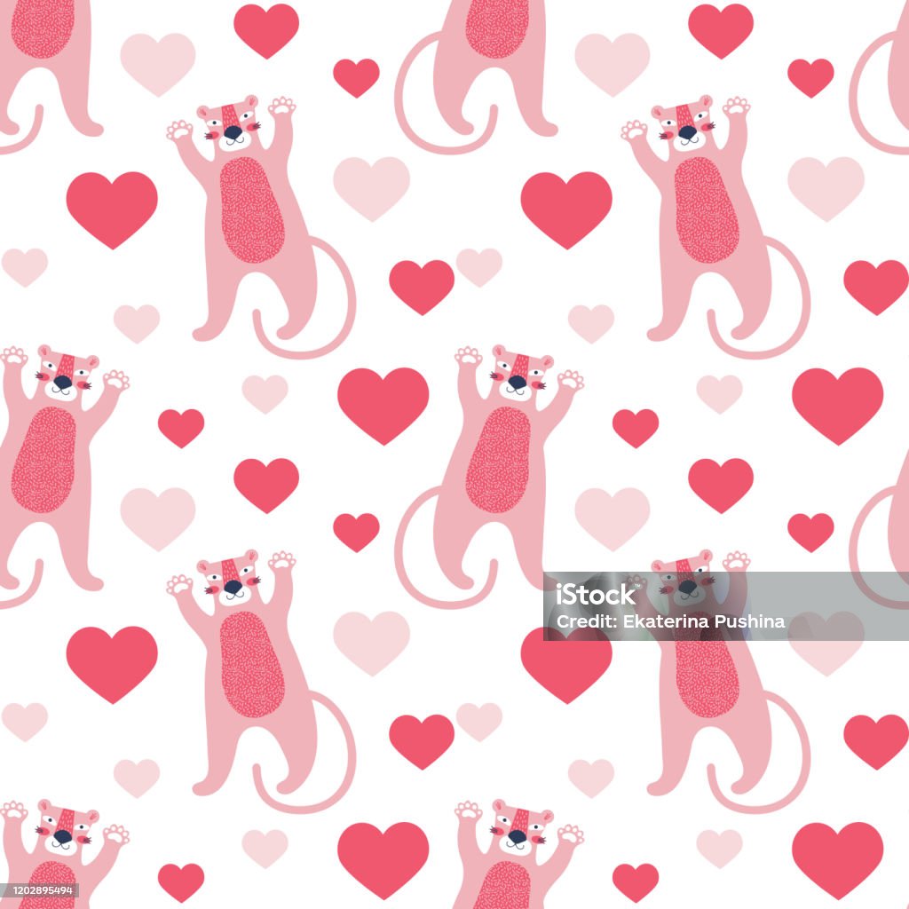 Ilustración de Patrón Sin Costuras Linda Pantera Rosa Entre Los Corazones Antecedentes Para El Día De San Valentín O Cumpleaños Declaración De Amor Ilustración Vectorial En Un Estilo Infantil Divertido Animales Salvajes Ilustración de Patrón Sin Costuras Linda Pantera Rosa Entre Los Corazones Antecedentes Para El Día De San Valentín O Cumpleaños Declaración De Amor Ilustración Vectorial En Un Estilo Infantil Divertido Animales Salvajes