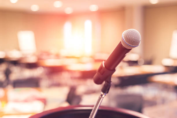 istock microphone on the stage in the room 1202896465