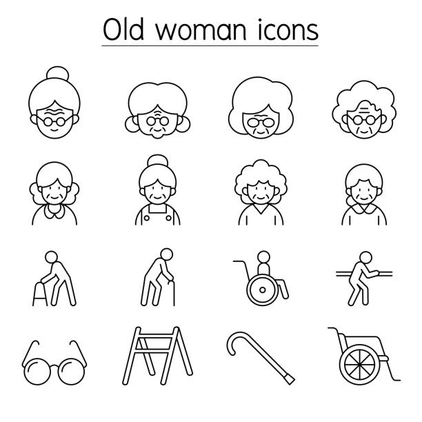 illustrazioni stock, clip art, cartoni animati e icone di tendenza di vecchia, donna anziana, icona nonna incastonata in stile linea sottile - grandmother