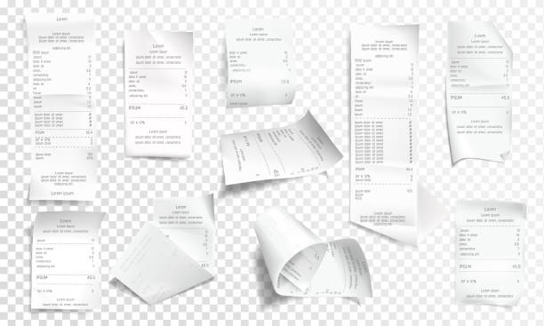Vector realistic receipt collection, bill or check Vector realistic receipt collection, white paper with payment isolated on transparent background. Creased financial printout for shop, store. Retail bill, rumpled commercial check or invoice. receipt stock illustrations