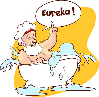 Vector illustration of a Archimedes in bath. Thumbs up eureka. ancient greek mathematician, physicist.