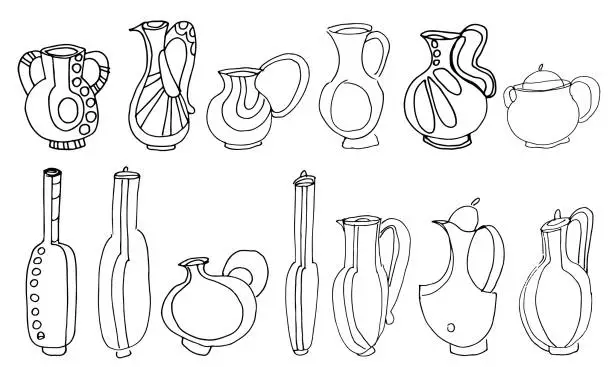 Vector illustration of Set of jugs, freehand drawing