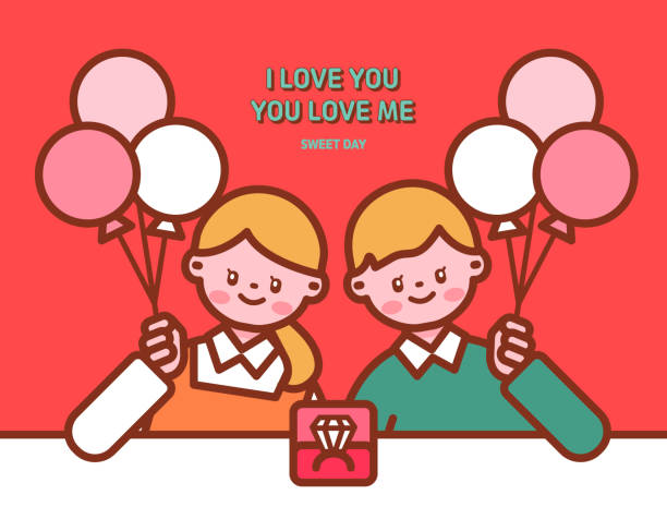 illustrazioni stock, clip art, cartoni animati e icone di tendenza di simpatici personaggi di coppia, illustrazioni vettoriali che possono essere utilizzate per eventi di san valentino, evento del giorno bianco - child balloon selling sign