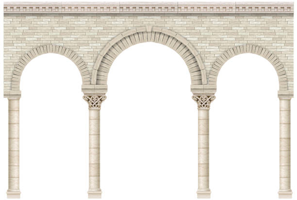 Ancient arcade of stone columns castle wall Vector background or texture. An ancient arcade made of stone columns or the wall of a palace castle. turret arch stock illustrations