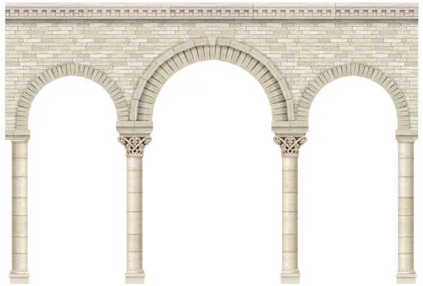 Vector illustration of Ancient arcade of stone columns castle wall