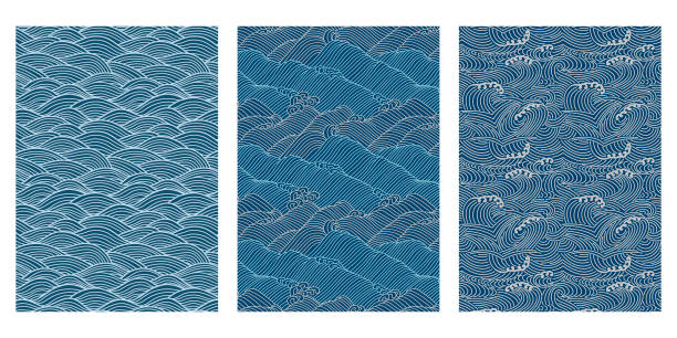 japońska kolekcja w tle wirowania fali morskiej - morze ilustracje stock illustrations
