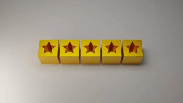 Photo of five golden stars for costumer satisfaction, 3d illustration