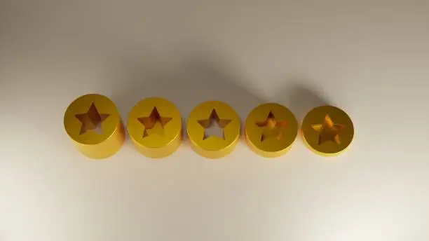 Photo of five golden stars for costumer satisfaction, 3d illustration