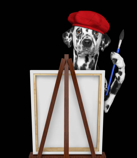 istock Cute dalmatian dog is a painter artist. Isolated on black 1202910215